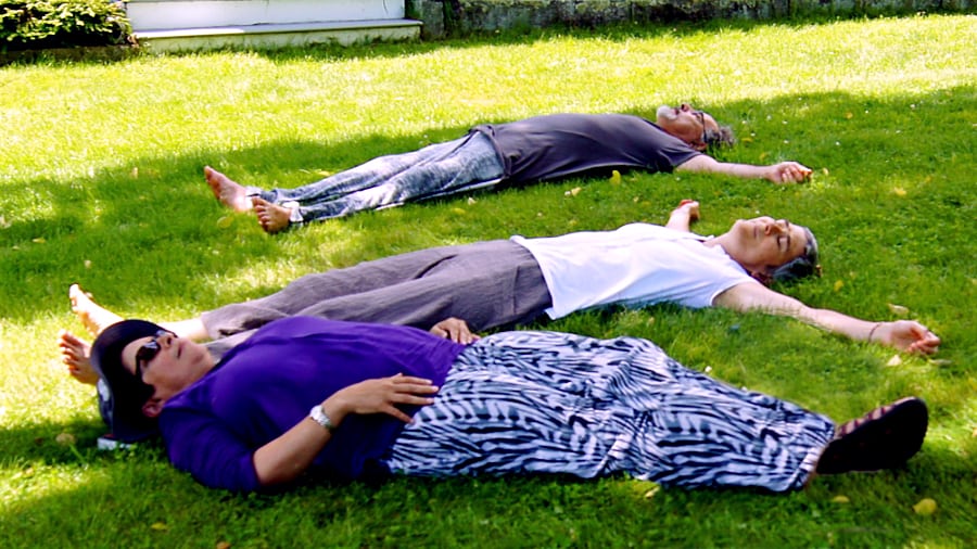 Three People Lying in the Grass Relaxing