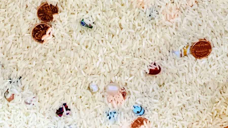 Jewels and coins mixed with rice